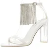 Sandals Crystal Heel Transparent High Female Summer Tassel Chain Square Head Hollow Thick Shoes Women