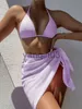 Damen-Badebekleidung, einfarbig, rosa, 3-teilig, Bikini-Set, Neckholder-Badeanzug, Damen-Badeanzug, hochgeschnittene Badebekleidung, weiblich, sexy Badeanzug, Strandkleidung, J230603