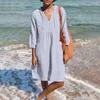 Casual Dresses Women Dress Solid V-Neck Loose DrawString Kne Length Dress Up Three Quarter Sleeve Quick Dry Summer Midi Female Clothes