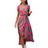 Feestjurken Dames Dres Bloemenprint Damesjurk met korte mouwen V-hals Split Strakke taille Dress-up Midi Lace Up High Beach