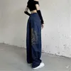 Lucifer American Retro Street Embroiled Jeans 2022 Women's Casual Loose High Waist Wide Leg Full Matching Straight Pants P230602