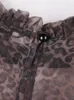 Vestidos de trabajo AOMEI Mujeres Conjuntos de dos piezas Sexy Ver a través de camisa de leopardo Blusas O Cuello Mangas largas Tops Fiesta de cintura alta Falda lápiz caqui