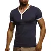 Men's Casual Shirts Men Summer Short Sleeve Fitness T Shirt Button V Neck Workout Sports Compression Muscle Tight-Fitting Tops Blusa