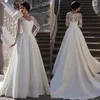 2019 Modest Long Sleeve Wedding Dresses Scalloped V Neck A Line Ivory Lace and Satin Vestidos De Novia Bridal Gowns Custom Made Ch304h