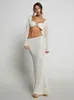 Womens Swimwear Summer White Tethered Long-sleeved Hip Casual Hollow Out Knitted Long Skirt Suit Bikini Cover Up Beach Dress A1882