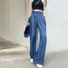 ルーシーverダークブルーシルクジーンズ韓国ファッションハイウエストワイドレッグ女性ストリート服ルーズストレートパンツp230602