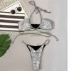 Kvinnors badkläder hög midja bikinis kvinnor silver glänsande bronzing push up halter badkläder två bit bikinis baddräkt strandkläder biquini baddräkt j230603