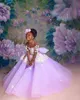 Lilac Sheer Neck Flower Dresses Ball Gown Tulle Kort ärmar Vintage Little Girl PeaGeant Dress Gowns ZJ406 407