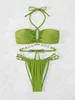 Conjunto de biquíni feminino de luxo com design de concha 2023 feminino verde sólido bandagem cruzada push up maiô triângulo maiô micro roupa de banho J230603