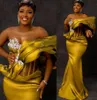 Arabic Aso Ebi Gold Mermaid Prom Dresses boned top Crystals Satin black girl plus size evening reception engagement gown