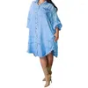 Robes décontractées 2023 femmes solide épissure ample Denim robe col de chemise à manches longues pliant conception banlieue polyvalent