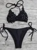 Kvinnors badkläder Bikinis 2023 Nya badkläder Kvinnor Baddräkt Hög midja Thong Bikini Set Solid Black Push Up Swim Suits Beach Wear Bathing Suit Girl J230603