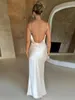 Casual Jurken Zomer Spaghetti Band Backless Satijn Voor Vrouwen 2023 Elegante Mode Hoge Taille Bodycon Tunieken Spleet Avondjurk Wit