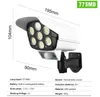 Lanterna portatile 77 LED Luci solari da giardino Sensore di movimento Simulazione Lampada fotografica Esterna IP65 Impermeabile 3 modalità Luce solare Rotazione Faretto Street Garden