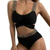 Kvinnors badkläder Bikini Set för kvinnor Baddräkt Tank Swimsuit Mid midja Deep V Neck Wide Straps Mesh Back Hook J230603