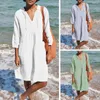 Casual Dresses Women Dress Solid V-Neck Loose DrawString Kne Length Dress Up Three Quarter Sleeve Quick Dry Summer Midi Female Clothes