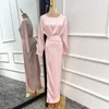 Ethnische Kleidung Seidiges Satin-Abaya-Innenkleid mit Wickelrock Arabische lange Hijab-muslimische Kleider für Frauen Dubai Türkei Islam-Kaftan-Robe