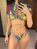 Women's Swimwear New Sexy Printed Short Sleeve Cut Out Bikini Female Swimsuit Women Swimwear Two-pieces Bikini set Bather Bathing Suit Swim V4236 J230603