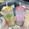 Water Bottles Summer Cold Drink Ice Cup Creative Simple Double-layer Plastic Fruit Shape Straw Student Drinking Gift For Friends