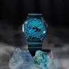 Iced Out digitaal sportkwarts herenhorloge, wereldtijd, afneembare montage, LED-serie blauw eiken