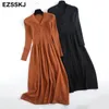 Klänning Autumn Winter Knit Long Dress Women Casual Vneck Slim Bodycon Robe Sweater Dresses Office Lady Thick Maix Dress