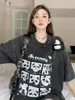 Kadın Hoodies Korejepo Panda Bebeğin T-Shirt Yıpranmış Yıkama Gri Siyah Gevşek Üstler 2023 Yüksek Sokak Orta Uzunluk Çift Moda Gömlek