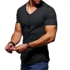Męskie koszule T Mężczyzny Solidny kolor zamek kieszonkowy v szyja koszulka z krótkim rękawem