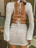 Vestido criptográfico elegante com cordão franzido cortado verão bandagem mini vestido para mulheres clube festa manga comprida vestidos brancos roupas