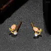 Stud Earrings Pure 999 24K Yellow Gold Tulip Pearl Women