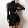 Klänningar kvinnor elegant lapptäcke ihålig klänning ny våren turtleneck glänsande silkeklubb party klänning höstmask långärmad bodycon klänning