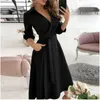 Abiti casual Moda donna risvolto tinta unita manica a sette parti lunga signora sexy scollo a V vita abito longuette abiti da festa eleganti