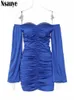 Jurk Nsauye Elegante Backless Vrouwen Sexy Off Schouder Lange Mouw Club Mini Jurk Bodycon Mode Herfst Party Satijnen Blauwe Jurk 2022