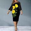 Casual Dresses Women Dress Round Neck Hollow Out 3/4 ärmar Lace Party Wear Plus Size Spring Summer Floral Printed Midi Clothing