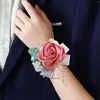 Dokunatif Çiçekler Düğün için Korsajlar | Rose Bud - Kız Corsage Wristlet Band Nedime Partisi Prom H