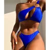 Damenbadebekleidung Vigoashely Blue One Shoulder Bademode Frauen Sexy High Cut Hollow Bikini Set 2023 Ring Push Up Badeanzug Sommer Strand Badeanzug J230603