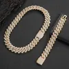 Pendentif Colliers Haute Qualité 20mm Chaîne Cubaine Bracelet Homme Plaqué Or 18K Boucle Flip avec Trois Rangées de Zircon Hip-Hop Collier