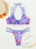 Kadın Mayo Üçgen Bikini Seti Patchwork Bikinis Baskı Mayo 2023 Mayo Mikro Thong Biquini Halter Plaj Giyim Bandaj Mayoları J230603