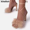 Aneikeh yeni yaz Roma moda tüylü çapraz bağlı kadın pompalar 2023 seksi 11 cm ince yüksek topuk dantelli elbise partisi bayanlar sandaletler l230518