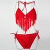 Kvinnors badkläder 2023 TASSEL BATHING SUIT PEADS SWIMSuit Ringed Bottom Sexig stora kvinnor plus storlek Fringe Bikini Set S.M.L.XL