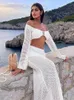 Womens Swimwear Summer White Tethered Long-sleeved Hip Casual Hollow Out Knitted Long Skirt Suit Bikini Cover Up Beach Dress A1882