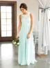 2023 Mint Groen Kant Land Bruidsmeisjes Jurken Lange Sheer Jewel Neck Chiffon Bruiloft Gast Jurk Vloer Lengte Goedkope Bruidsmeisje Jurken