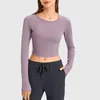 Chemises actives couleur unie à manches longues chemise de yoga Gym sport haut court femmes Fitness col rond T-Shirt décontracté vêtements de sport serrés avec pouce