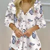 Vestidos Casuais Vestido Feminino Estampado Verão Camisa Manga Comprida Lapela Simples Seios Frente Aberta Minissaia Irregular