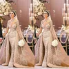 Neues arabisches Dubai-Langarm-Hochzeitskleid mit wunderschönem Stehkragen 2020, Meerjungfrau-Spitze-Applikationen, abnehmbarer Zug, Brautkleid, Vestido de 341P