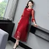 Casual Dresses Lace Mesh veckad klänning 2023 Spring and Autumn Korean Edition midja Slim Long Long