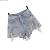 Kvinnors shorts streetwear casual hög midja pärlspets paljett blingbling smal byte fransade denim rippade damer jeans 230601