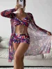 Roupa de banho feminina tropical cintura alta biquíni três peças sexy manga longa encobrir maiô 2023 verão push up praia maiô j230603