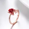 Solitaire Anneau Rouge Rose Fleur Feuilles Anneau D'ouverture Pour Les Femmes Strass Fleurs Réglable Bague Saint Valentin Fiançailles Bijoux Cadeau Z0603