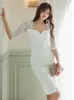 Casual Dresses Korean Fashion Summer Elegant Women Evening Dress White Sheer Sexy Low Cut Folds Slim Midi Party Club Prom Femme Mujer