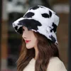 Wide Brim Hats Women's winter cow printed plush bucket soft velvet fisherman women's travel outdoor flat top hats G230603